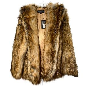 Donna Salyers Fabulous Furs Jacket Gold Faux Fur Hood Pockets Hook  Size S